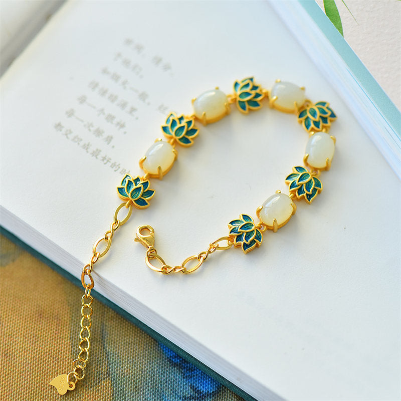 Buddha Stones White Jade Cyan Jade Lotus Protection Bracelet