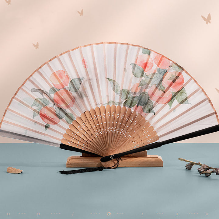 Buddha Stones Crane Peach Blossoms Persimmon Orchid Butterfly Bamboo Handheld Bamboo Folding Fan 21cm