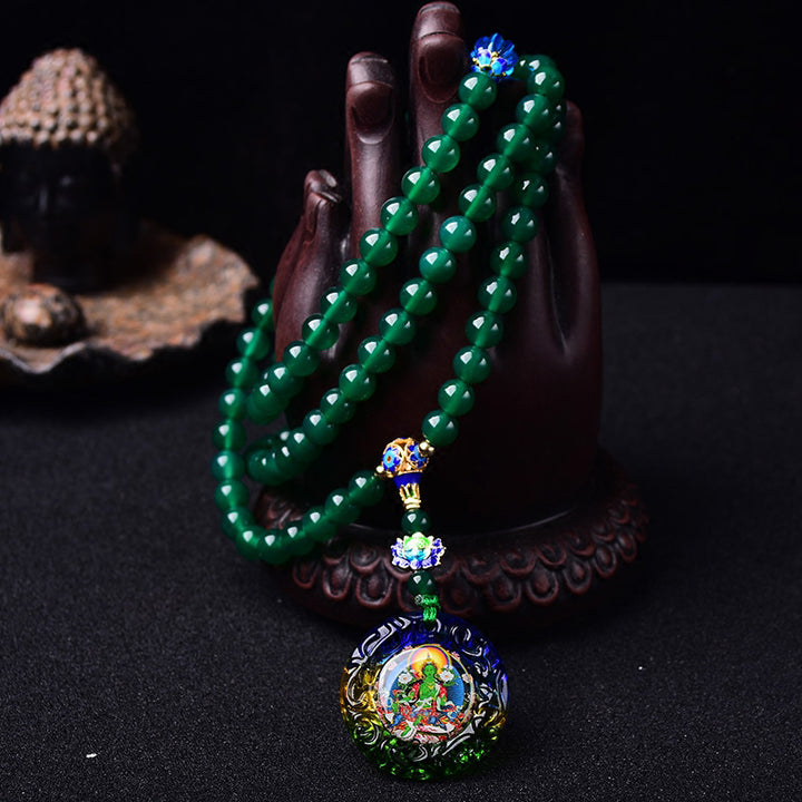 108 Mala Beads Natural Green Agate Bodhisattva Green Tara Manifestation Charm Bracelet