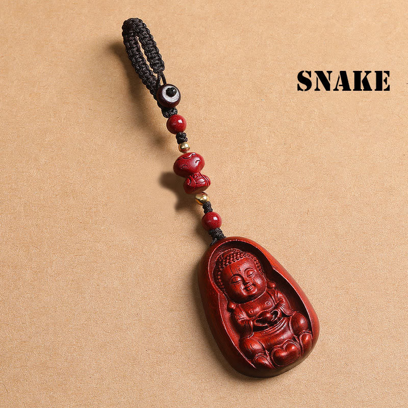 Buddha Stones Small Leaf Red Sandalwood Buddha Cinnabar Chinese Zodiac Amulet Protection Key Chain