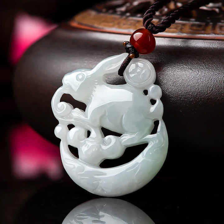 Year of the Rabbit White Jade Crescent Moon Protection Necklace Pendant