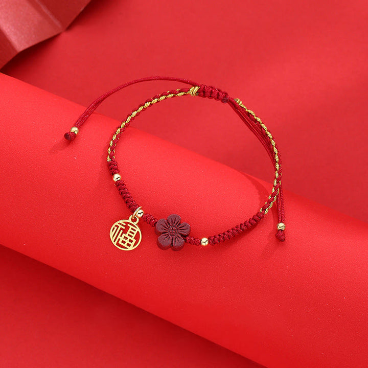 Buddha Stones Cinnabar Flower Fu Character Blessing Braided String Bracelet