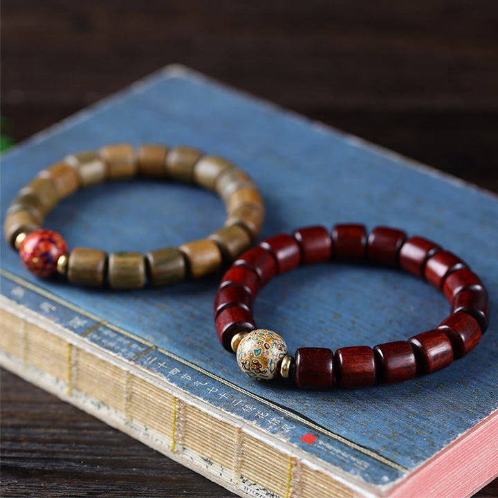 Buddha Stones Natural Green Sandalwood Small Leaf Red Sandalwood Lacquer Bead Peace Bracelet