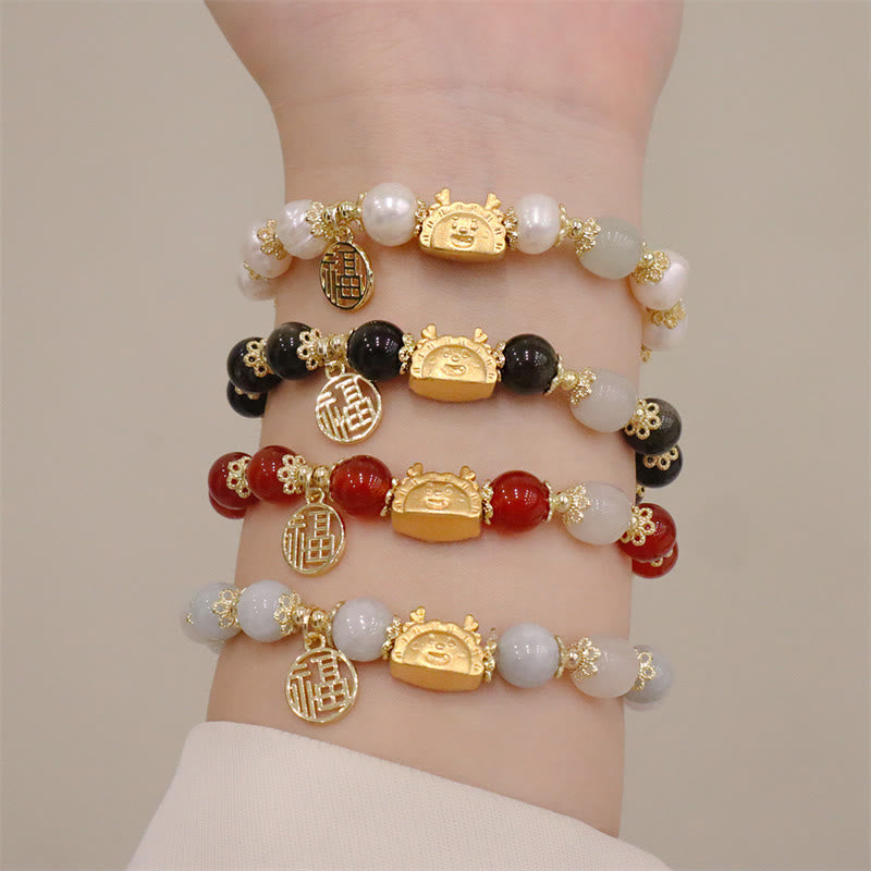 Buddha Stones Year Of The Dragon Red Agate Strawberry Quartz Black Obsidian Jade Garnet Pearl Cinnabar Dumpling Dragon Luck Fu Character Bracelet