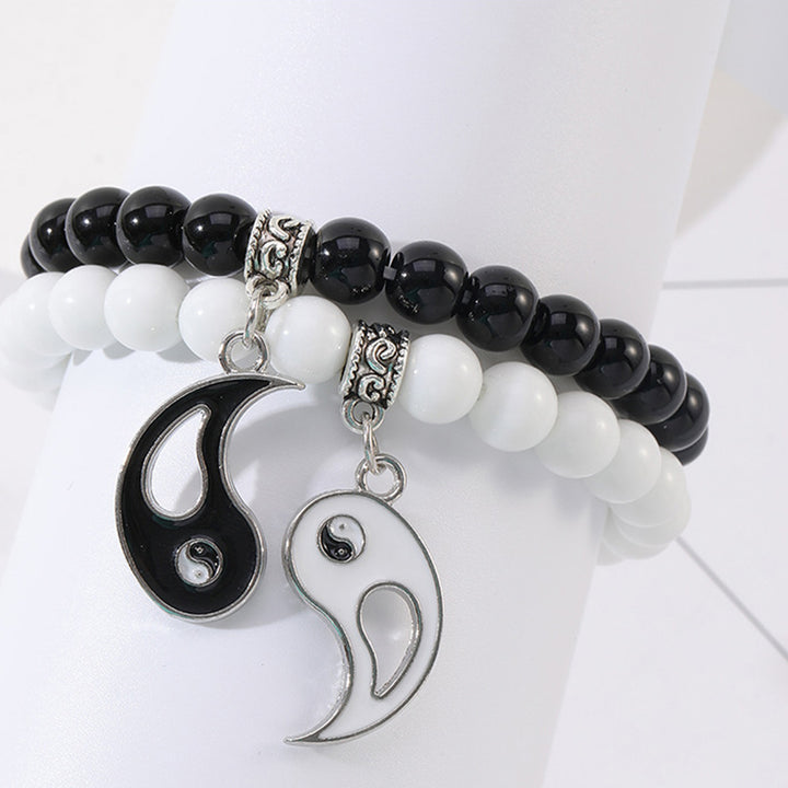 Buddha Stones 2Pcs Black Onyx White Turquoise Bead Yin Yang Protection Couple Bracelet