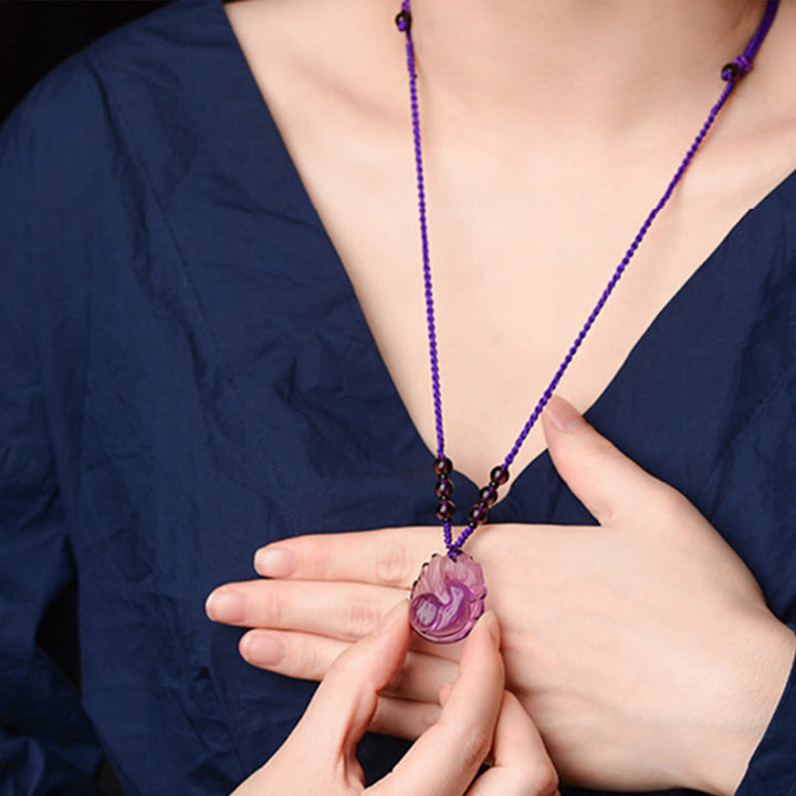 Buddha Stones Natural Amethyst White Crystal Citrine Nine Tailed Fox Luck Necklace Pendant