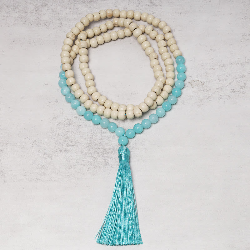 Buddha Stones Semi-Precious Gem Stones Wood Bead Necklace Multicolor Tassel Charms Chain Necklace