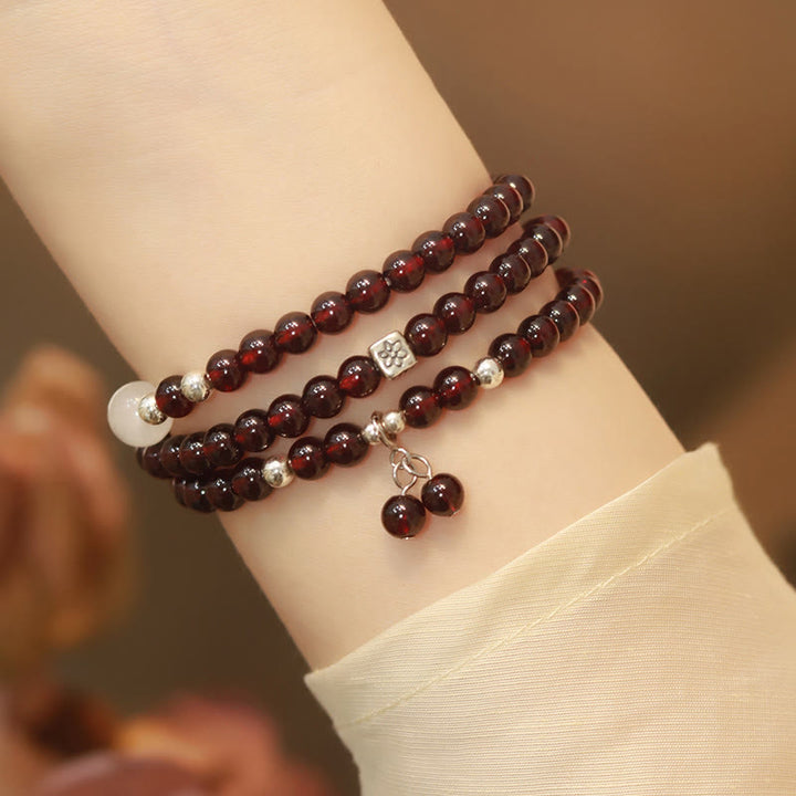 Buddha Stones 925 Sterling Silver Natural Garnet Cat Eye Protection Triple Wrap Bracelet