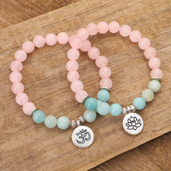 Buddha Stones Natural Pink Crystal Amazonite Lotus Buddha OM Symbol Warmth Bracelet