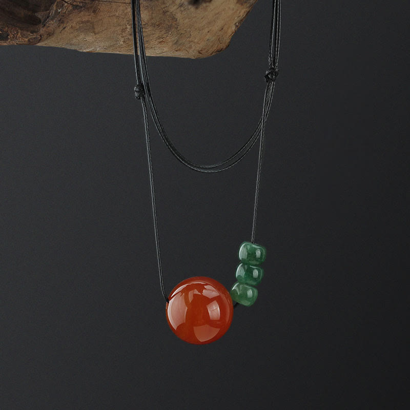 Buddha Stones Red Agate Green Aventurine Green Bodhi Seed Bead Calm Leather Rope Necklace Pendant