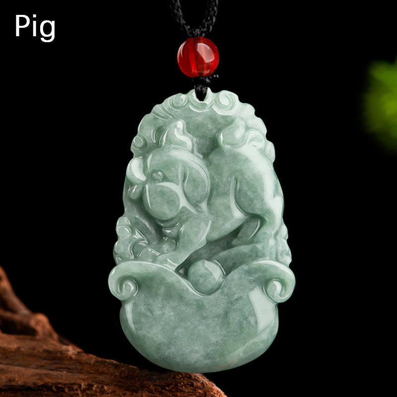 Buddha Stones Natural Green Jade 12 Chinese Zodiac Luck Prosperity Necklace Pendant