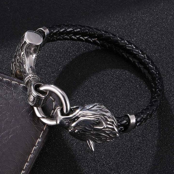 Buddha Stones Wolf Head Titanium Steel Leather Weave Blessing Bracelet