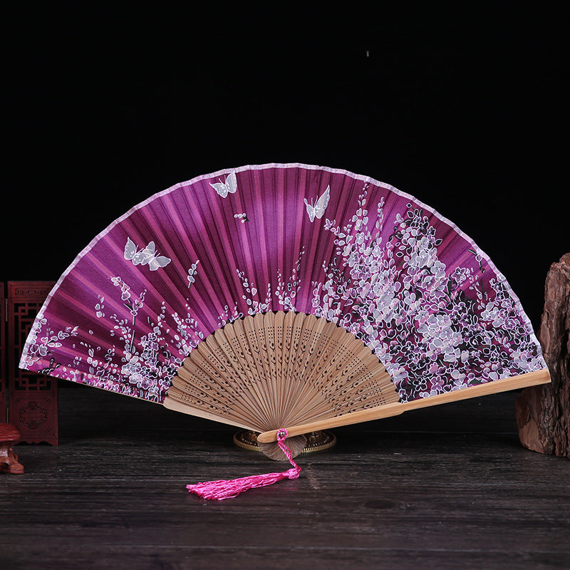 Buddha Stones Cherry Blossom Lily Butterfly Bamboo Handheld Bamboo Folding Fan 21cm