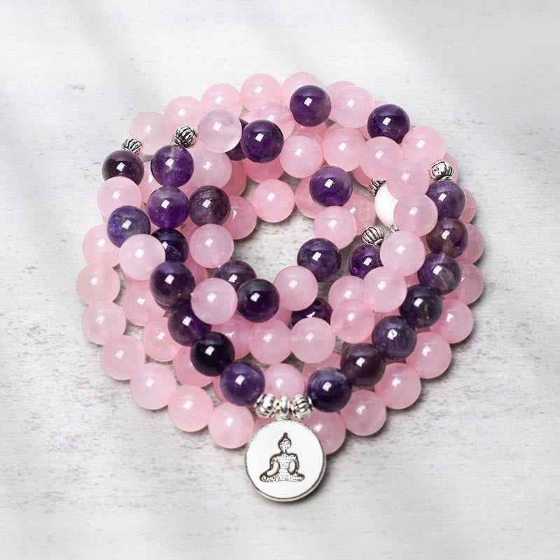 Buddha Stones Natural Rose Quartz & Amethyst Mala Bead Lotus Pendant Bracelet