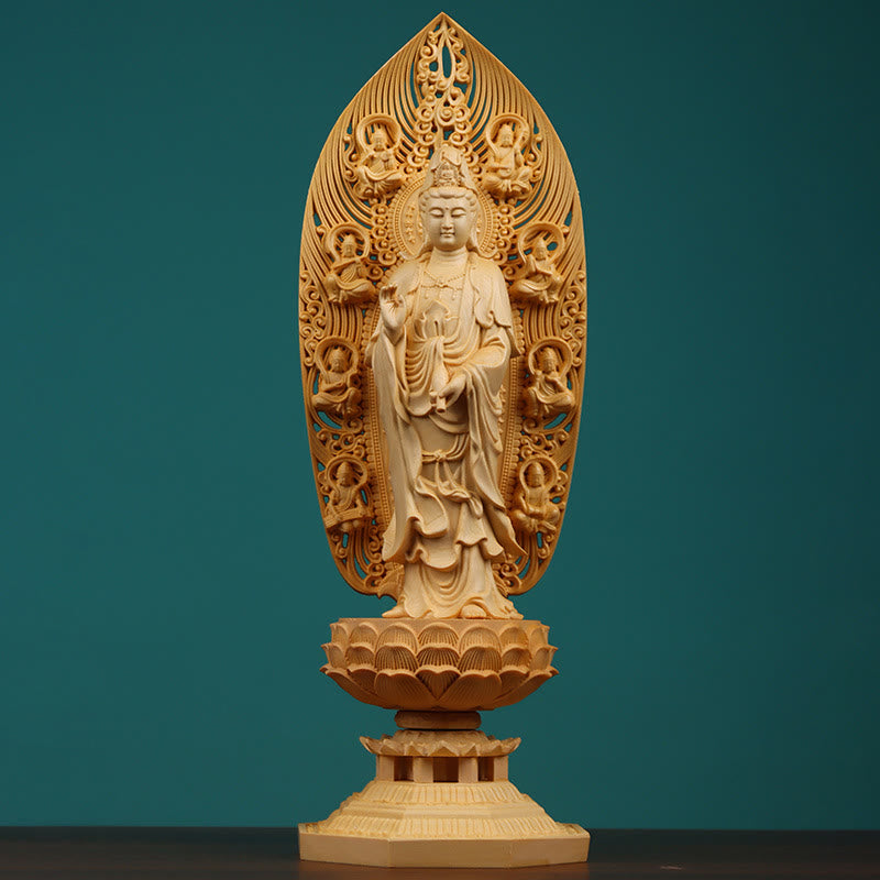 Buddha Stones Handcrafted Kwan Yin Avalokitesvara Tathagata Mahasthamaprapta Bodhisattva Statue Boxwood Abundance Decoration