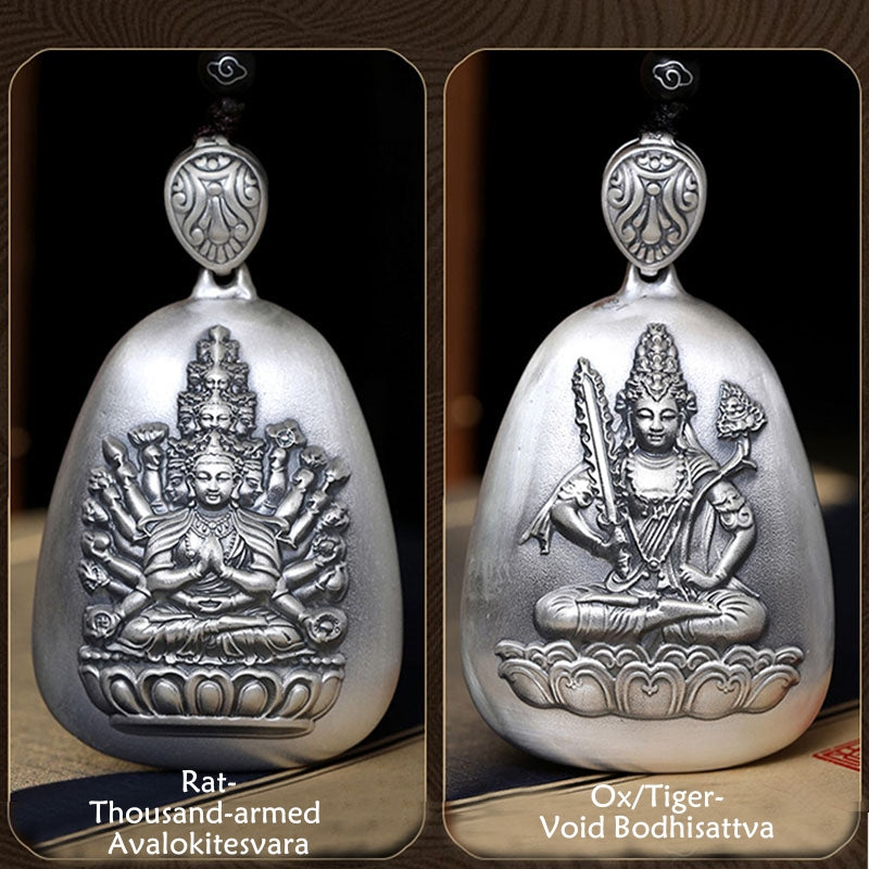 Buddha Stones 999 Sterling Silver Chinese Zodiac Natal Buddha Heart Sutra Engraved Protection Necklace Pendant