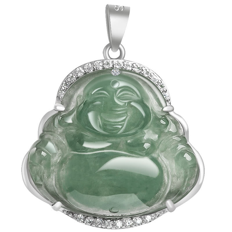 Buddha Stones 925 Sterling Silver Laughing Buddha Natural Jade Luck Prosperity Necklace Chain Pendant