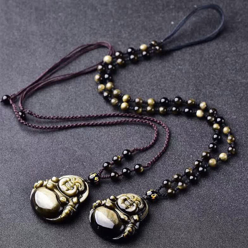 Buddha Stones Laughing Buddha Gold Sheen Obsidian Wealth Necklace Pendant