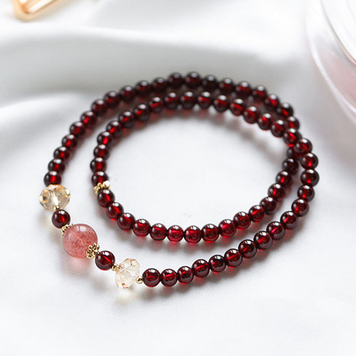 Buddha Stones 14K Gold Plated Natural Garnet Strawberry Quartz Stability Double Wrap Bracelet