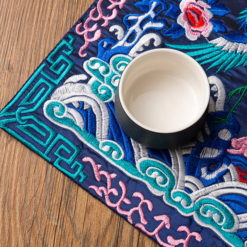 Buddha Stones Phoenix Dragon Kirin Embroidery Cup Mat Pad Tea Cup Coaster Kung Fu Tea Mat