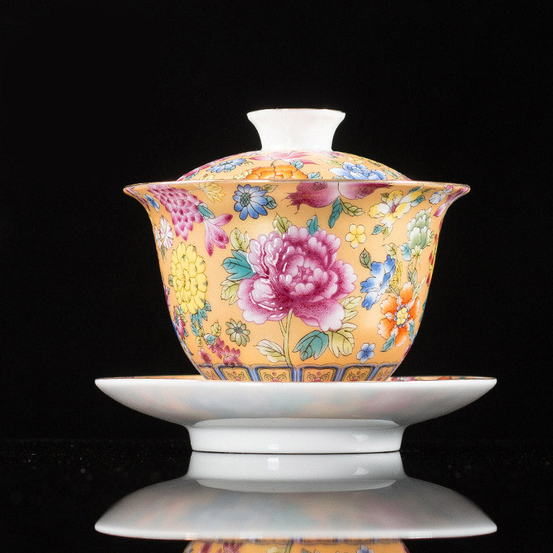 Buddha Stones Peony Flowers Ceramic Gaiwan Sancai Teacup Kung Fu Tea Cup And Saucer With Lid