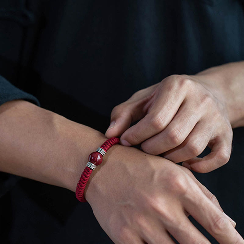 Buddha Stones 925 Sterling Silver Natural Cinnabar Bead Calm Handmade Braided String Bracelet