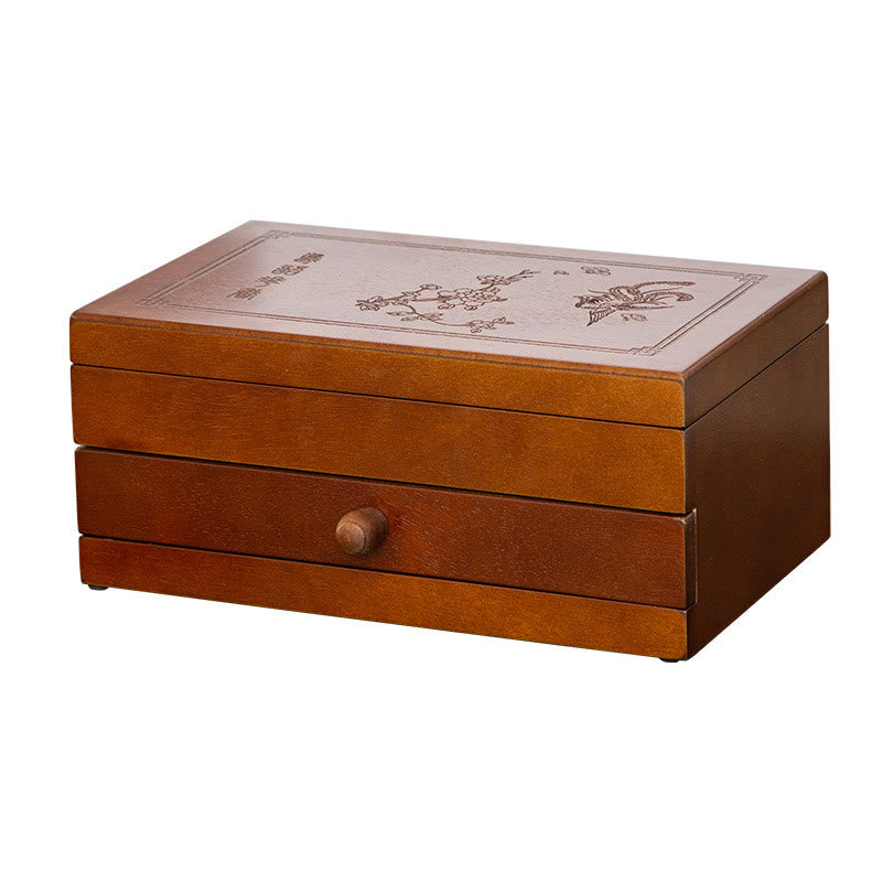 Buddha Stones Vintage Solid Wood Jewelry Box Flower Carved Jewelry Storage Box With Mirror