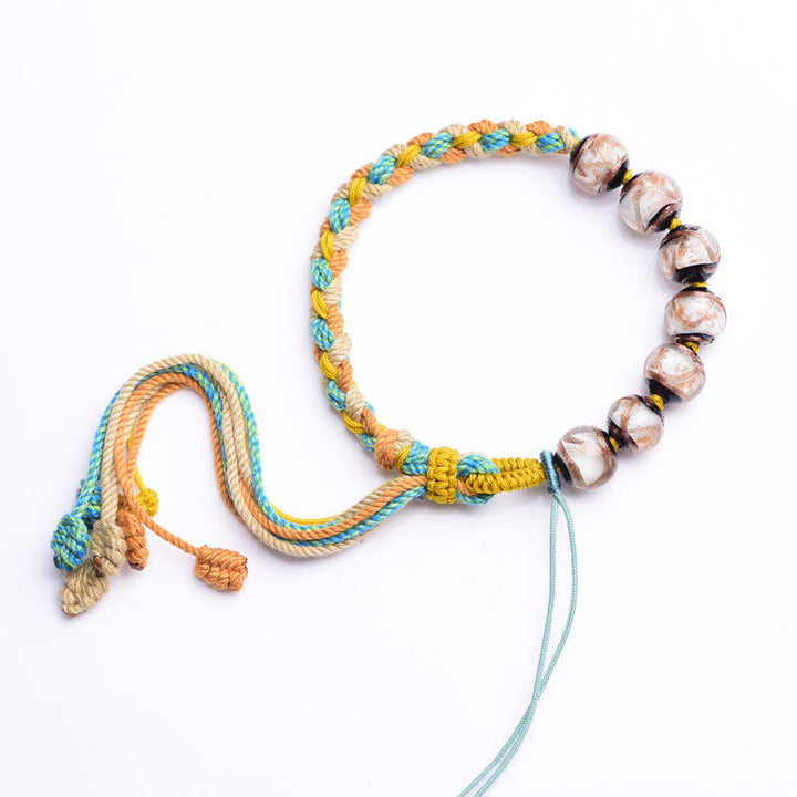 Buddha Stones Handmade Multicolored Rope Liuli Glass Bead Fortune Braided Bracelet