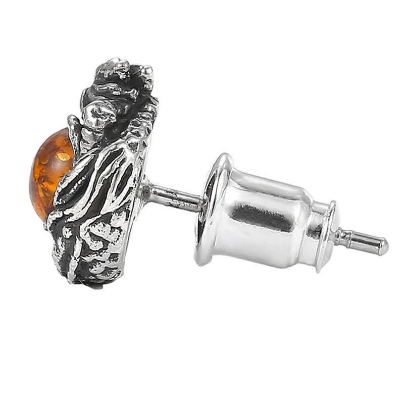 925 Sterling Silver Natural Amber Dragon Success Protection Stud Earring