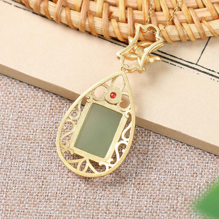 Vintage Flower Jade Plated Gold Prosperity Necklace Pendant