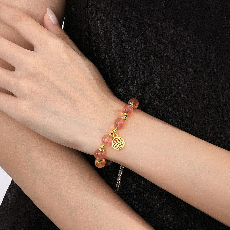 Buddha Stones 14K Gold Plated Natural Strawberry Quartz Fu Character Positive Charm Bracelet