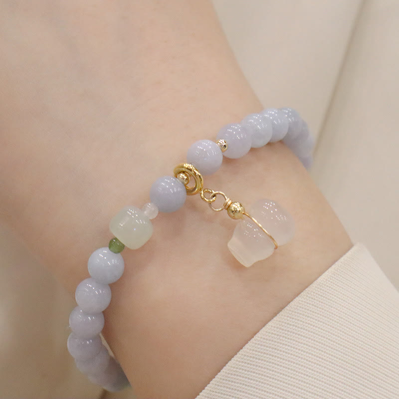 Buddha Stones Natural Aquamarine Chalcedony Serenity Rabbit Gourd Cat Charm Bracelet