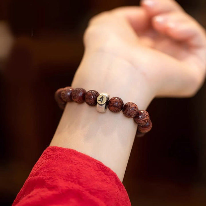 Buddha Stones Chinese Zodiac Natal Buddha Small Leaf Red Sandalwood Om Mani Padme Hum Protection Bracelet