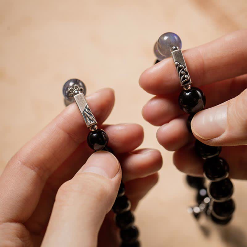 925 Sterling Silver Obsidian Moonstone Strength Couple Bracelet