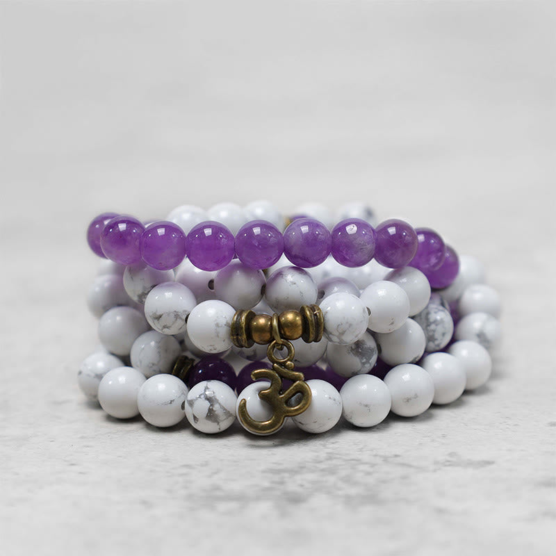 108 Mala Beads Amethyst White Turquoise OM Healing Meditation Energy Bracelet