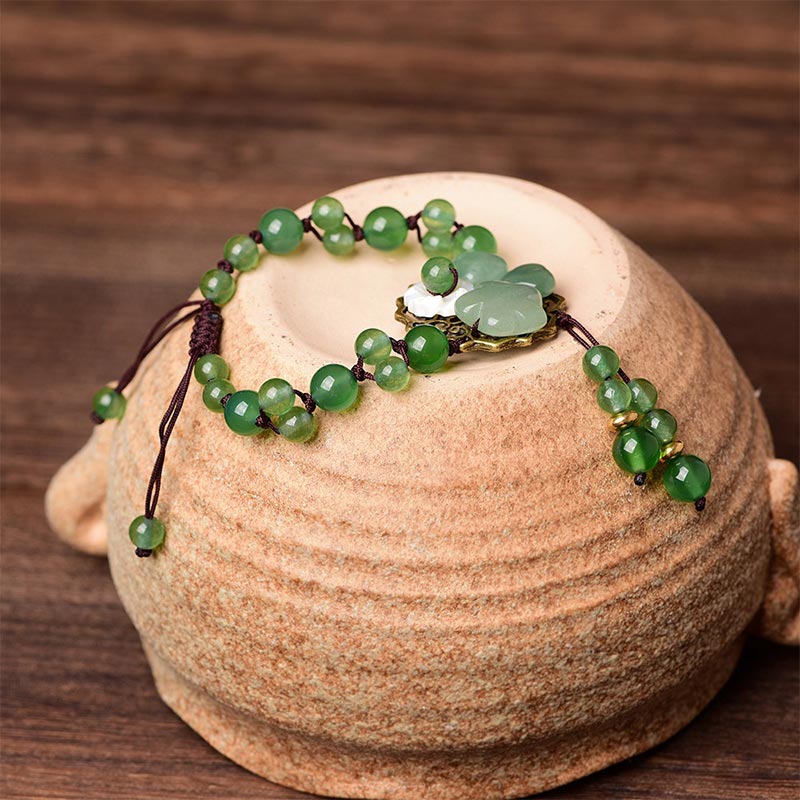 Buddha Stones Natural Green Jade Luck Dangling Flower Bracelet