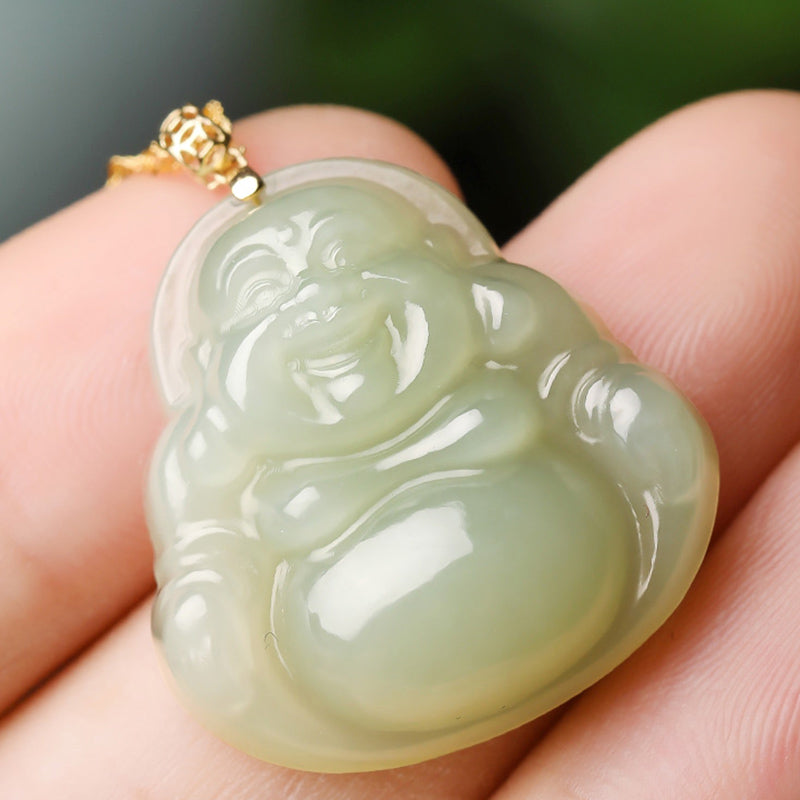 Buddha Stones 925 Sterling Silver Laughing Buddha Cyan Jade 18K Gold Success Necklace Pendant