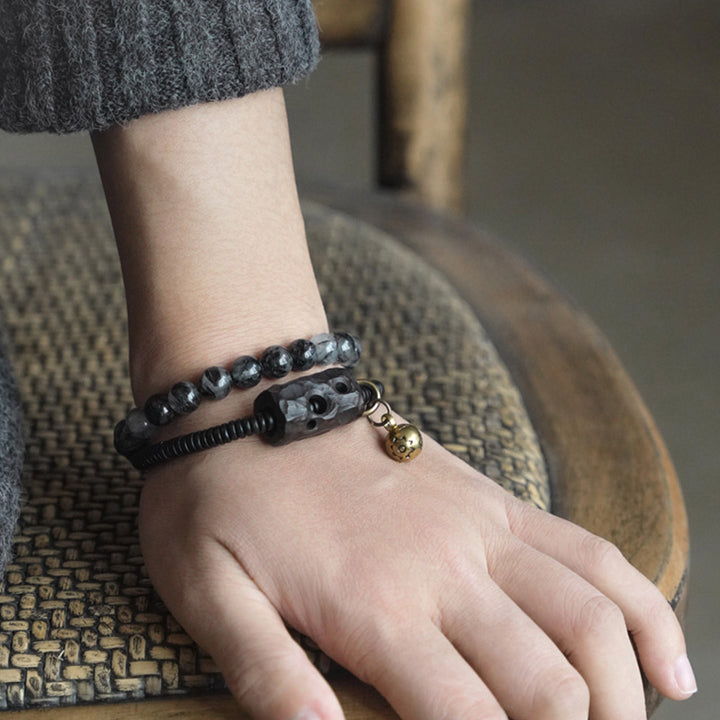 Buddha Stones Black Rutilated Quartz Ebony Wood Copper Wisdom Couple Bracelet