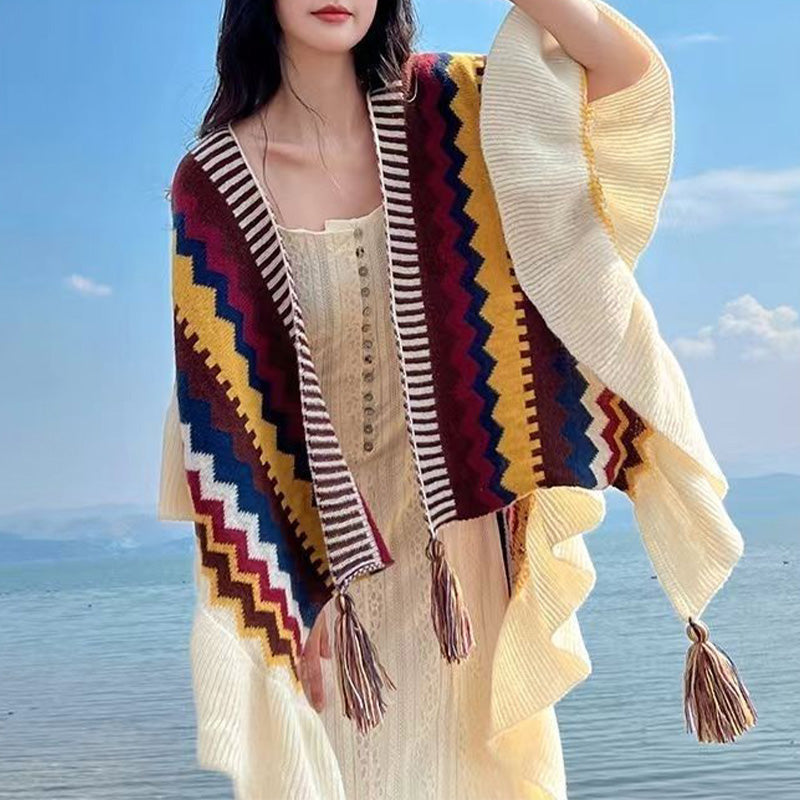 Buddha Stones Tibetan Shawl Colorful Striped Wavy Line Tassels Winter Cozy Travel Scarf Wrap