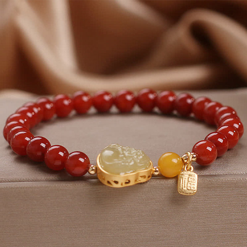 Buddha Stones Laughing Buddha Red Agate Jade Confidence Bracelet