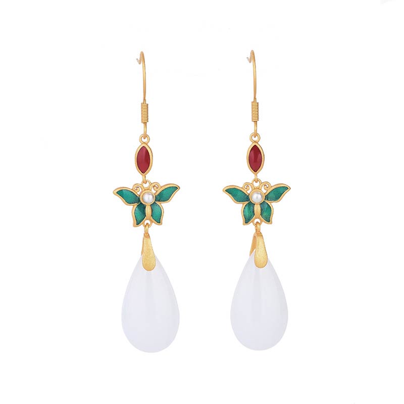 Buddha Stones FengShui White Jade Luck Drop Earrings