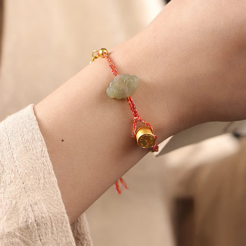 Buddha Stones Handmade Auspicious Clouds Hetian Jade Fu Character Luck Fortune Rope Bracelet