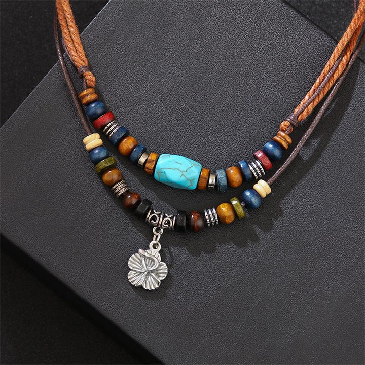 Buddha Stones Turquoise Small Flower Protection Double Layer Necklace Pendant Bracelet