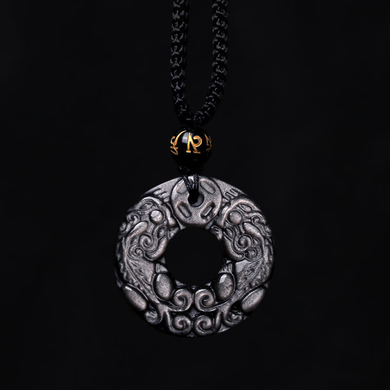 Buddha Stones Natural Silver Sheen Obsidian Double PiXiu Copper Coin Peace Buckle Protection Necklace Pendant