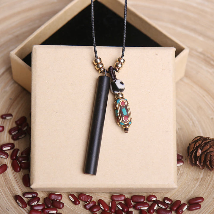 Tibetan Ebony Wood Dzi Bead Peace Calm Necklace Pendant