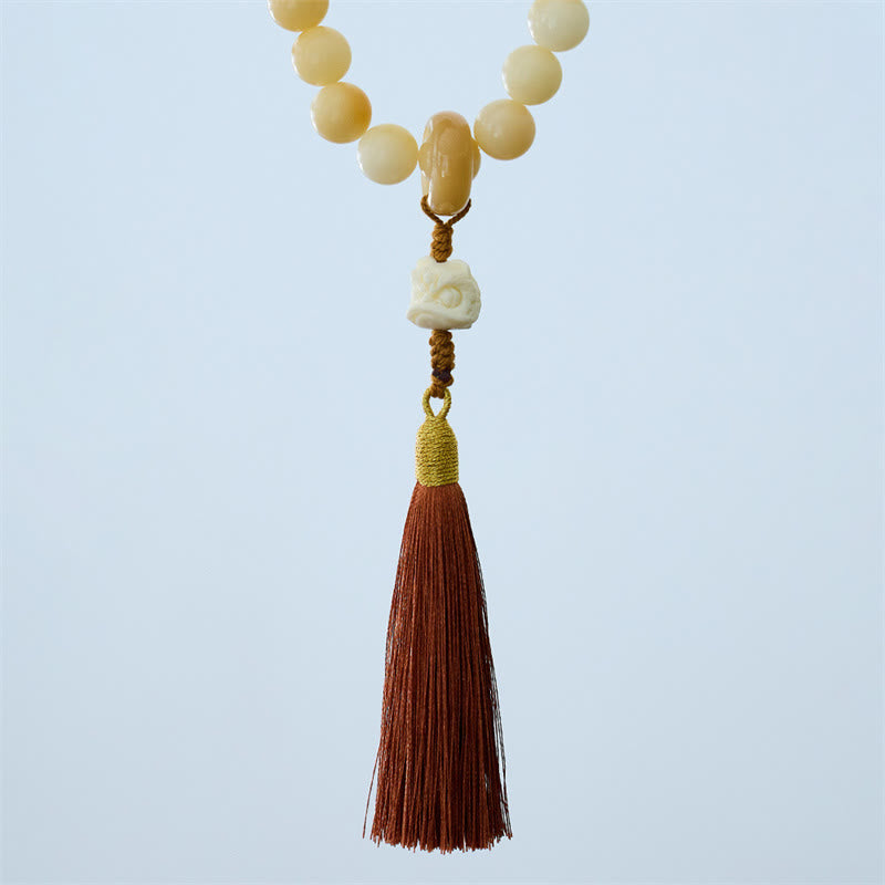 Buddha Stones Natural Bodhi Seed Ivory Fruit Dancing Lion Charm Harmony Tassel Wrist Mala