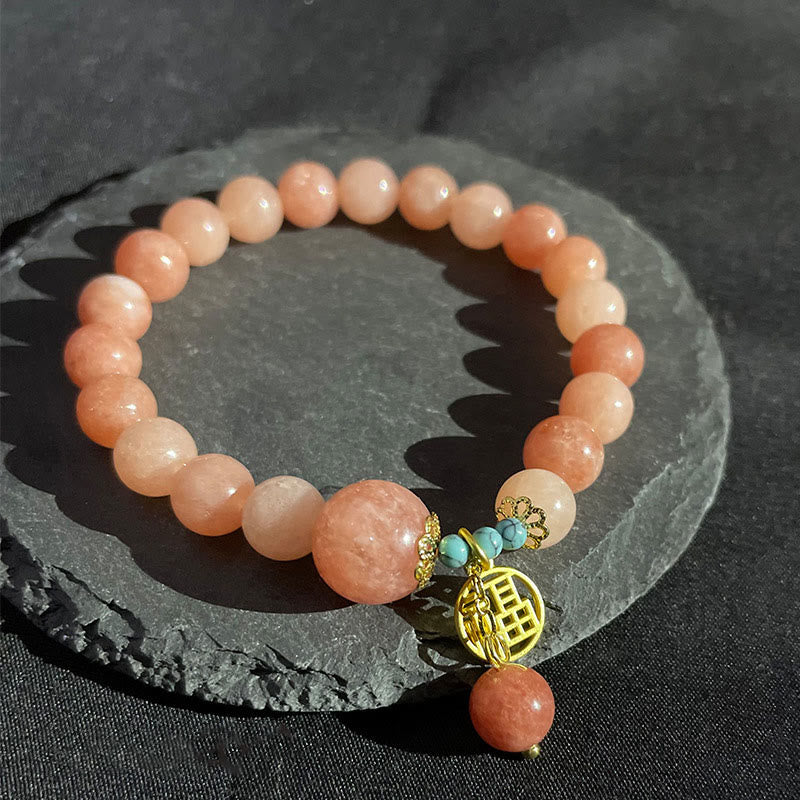 Buddha Stones Natural Orange Stone Turquoise Fu Character Charm Luck Fortune Bracelet