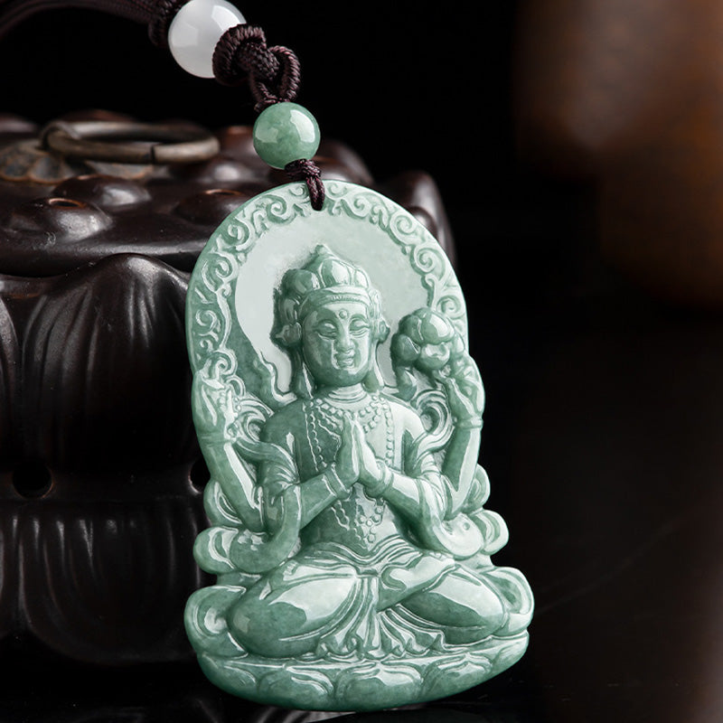 Four-armed Avalokitesvara Natural Jade Amulet Blessing String Necklace