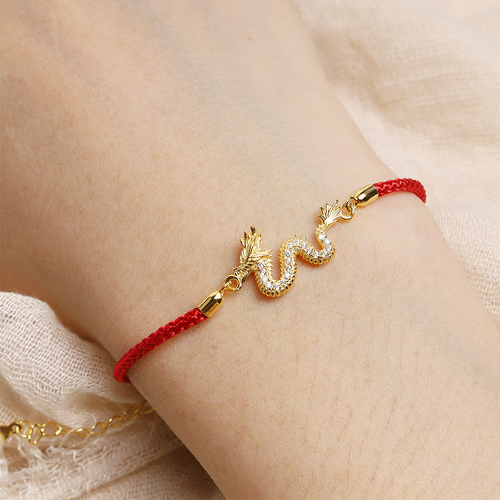 Buddha Stones 925 Sterling Silver Year Of The Dragon Auspicious Golden Dragon Luck Red Rope Chain Bracelet