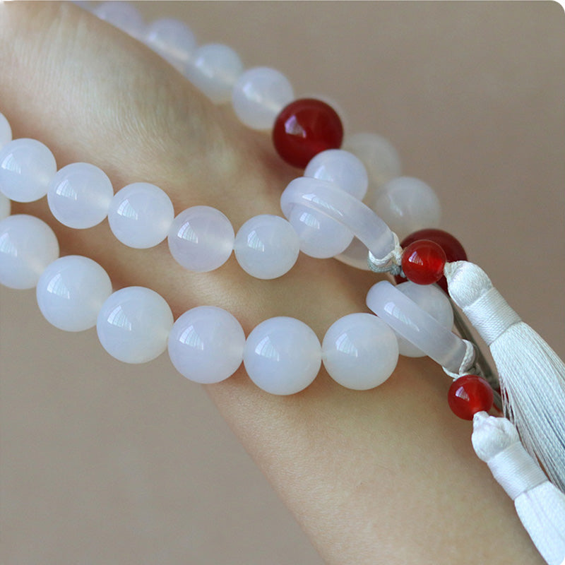 Buddha Stones White Agate Red Agate Luck Wrist Mala Tassels Pocket Mala Car Decoration